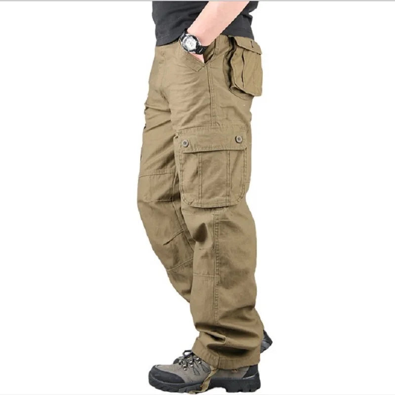 Calças de carga masculinas de algodão casual multi bolsos calças de trabalho tático outerwear calças retas calças compridas para roupas masculinas