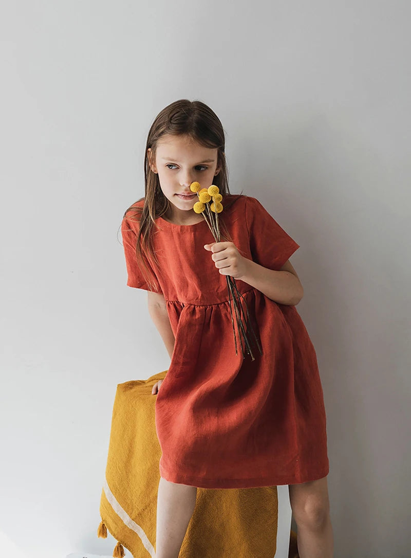Vestido Mori de Linho para Meninas 2026 Verão Nova Roupa Infantil Vestidos de Princesa de Manga Curta em Algodão e Linho TZ30