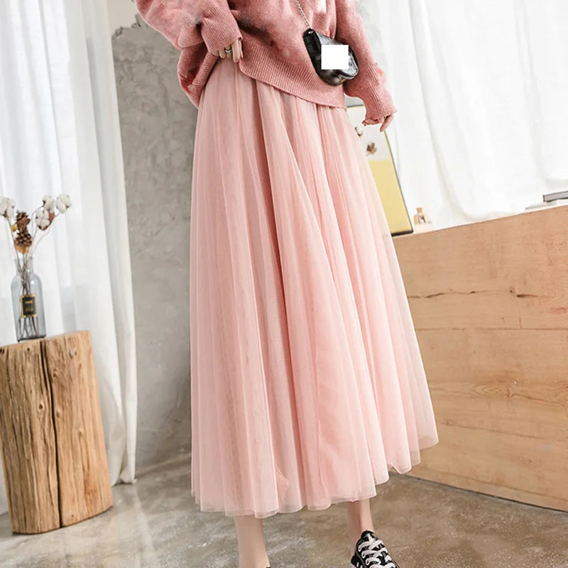 Maxi Longa Saia de Tule Mulheres 2024 Outono Inverno Elástico Cintura Alta Vestido de Bola Saia Feminino Adulto Tutu Saia Jupe Longue