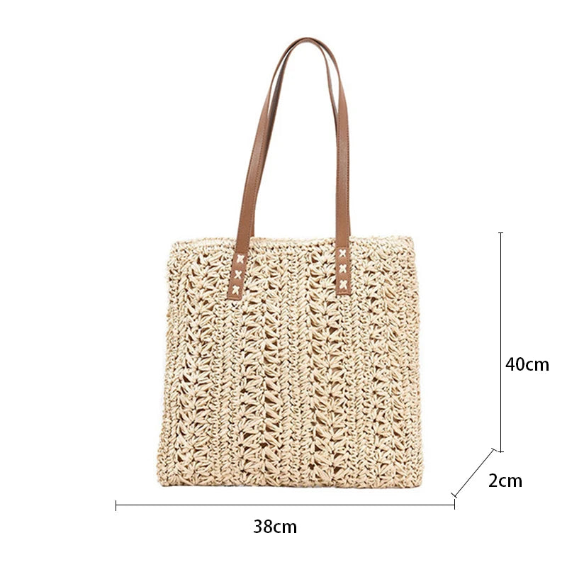 Bolsa de praia de palha oca quadrada artesanal tecido bolsa de ombro ráfia rattan compras saco de viagem boêmio férias de verão casual tote