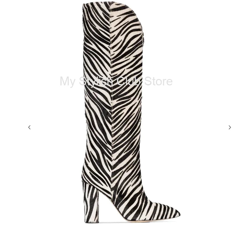 Zebra padrão joelho botas altas mulheres imitação de cabelo de cavalo botas de camurça 11 cm botas de salto redondo primavera outono nova chegada botas altas