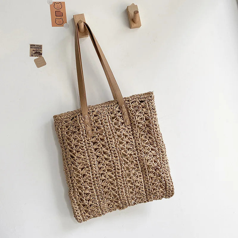 Bolsa de praia de palha oca quadrada artesanal tecido bolsa de ombro ráfia rattan compras saco de viagem boêmio férias de verão casual tote