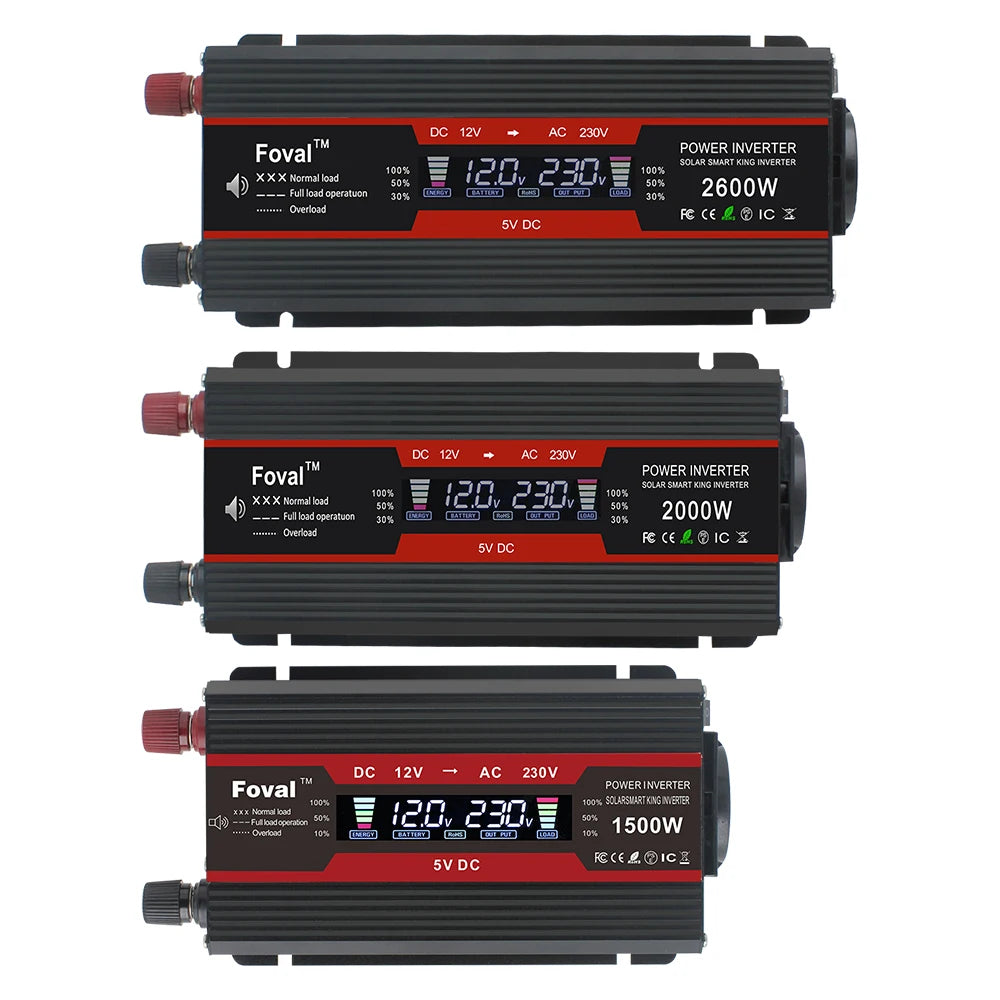 Inversor de energia solor com display lcd, dc 12v/24v para ac 220v 230v 1500w/2000w/2600w, conversor de tensão preto, soquete ue, acessórios automotivos