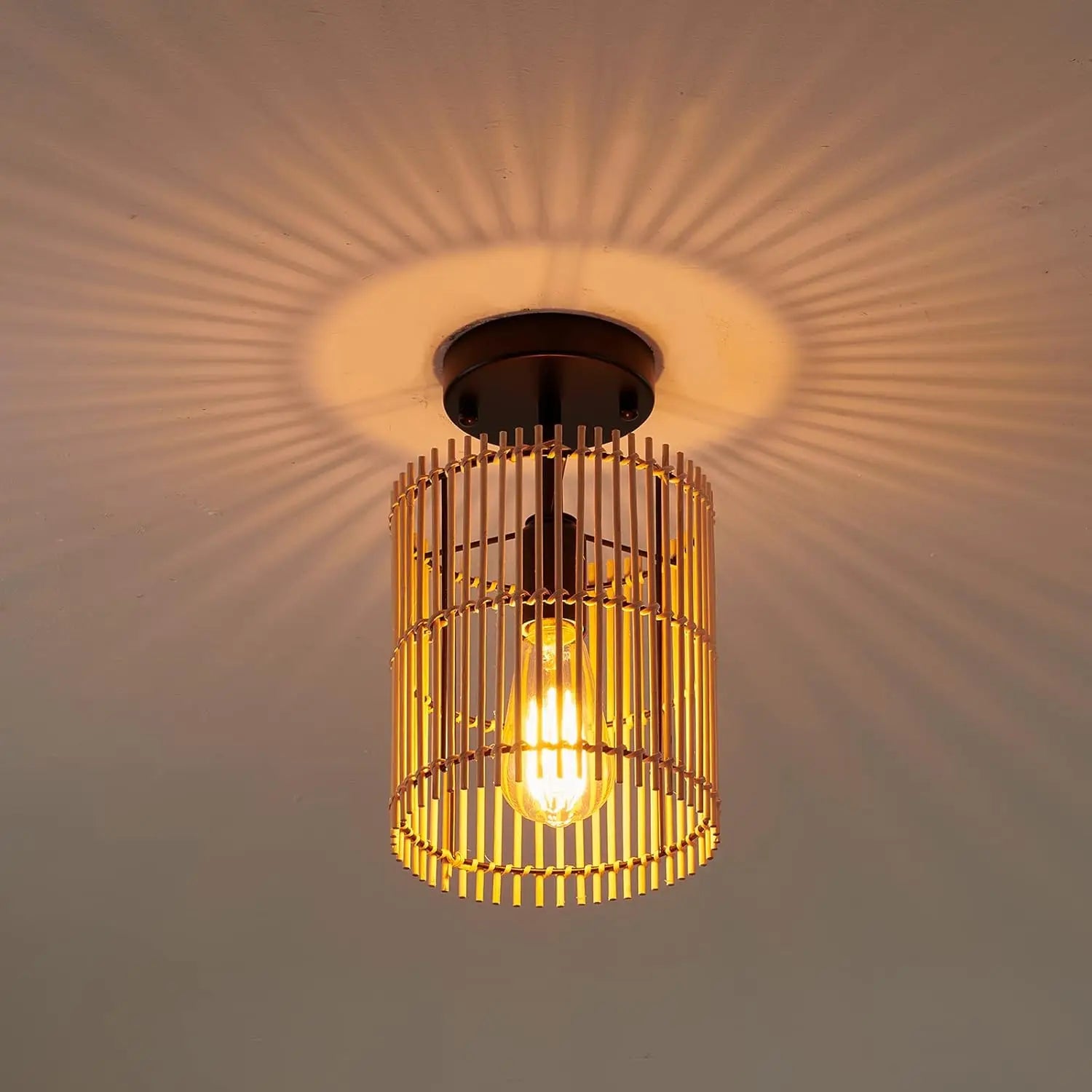 SGLfarmty Boho Semi Flush Mount Ceiling Light Metal Bamboo Shade IP44 Warm White LED 7.87x7.08x10.62 Inches