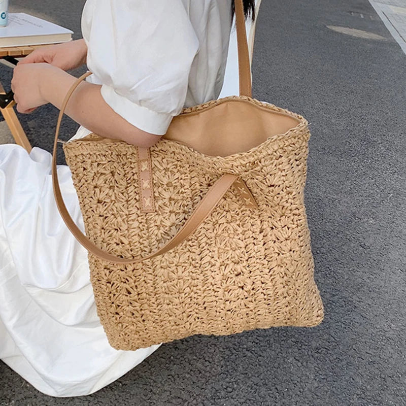 Bolsa de praia de palha oca quadrada artesanal tecido bolsa de ombro ráfia rattan compras saco de viagem boêmio férias de verão casual tote