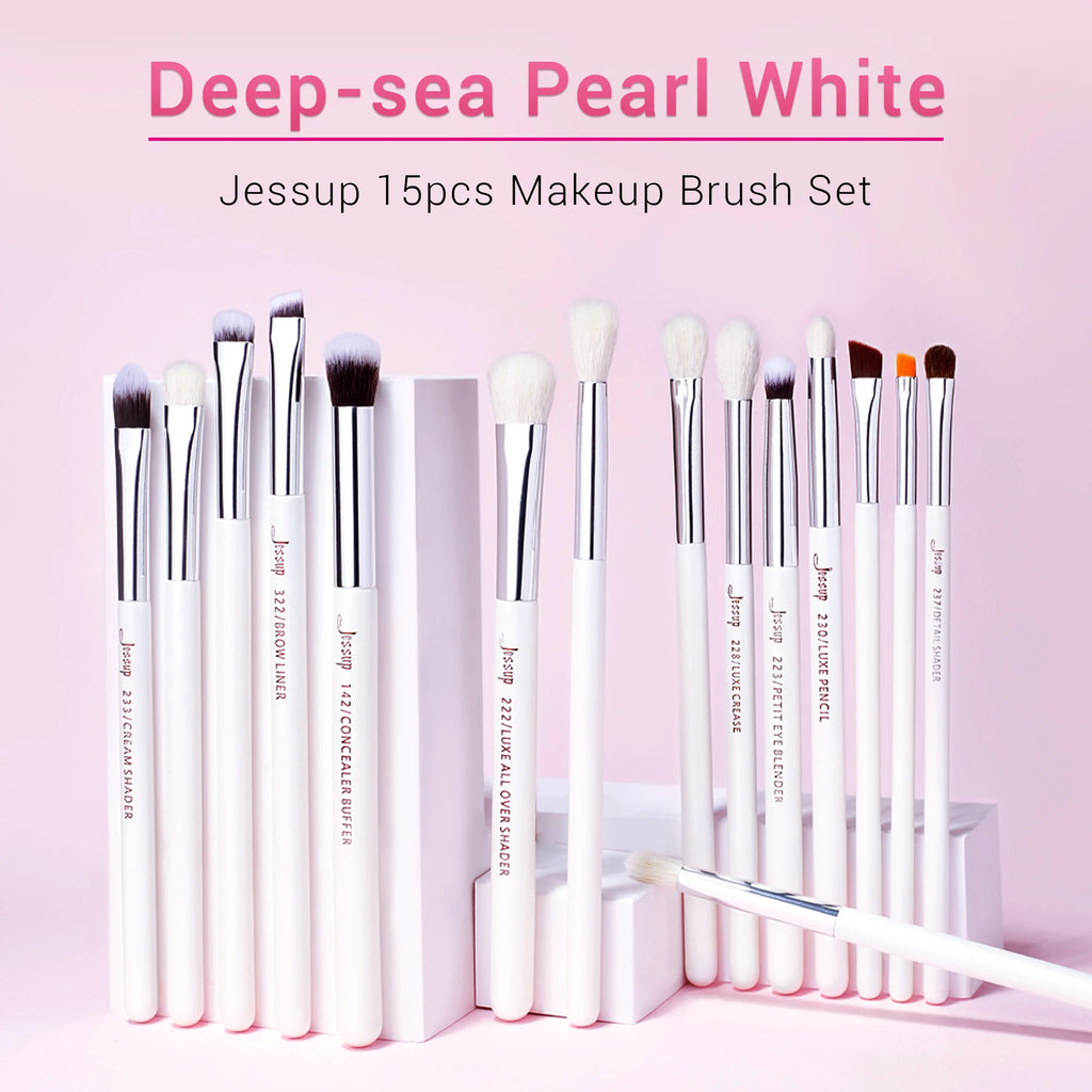Jessup-profissional pincéis de maquiagem conjunto, 15pcs, pérola, branco, prata, kit de ferramentas, delineador, shader, cabelo sintético natural