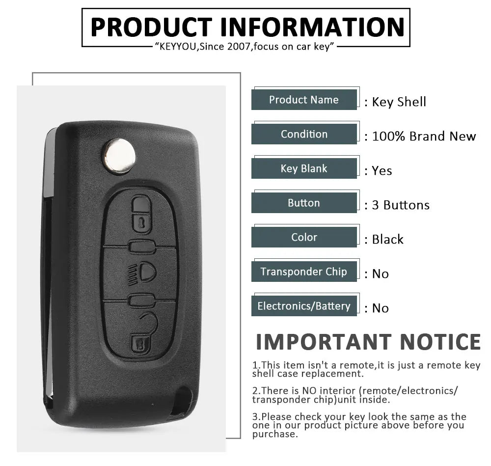 Keyyou para citroen c2 c3 c4 c5 c6 c8 3 botões flip remoto chave do carro caso capa escudo fob va2 lâmina ce0523