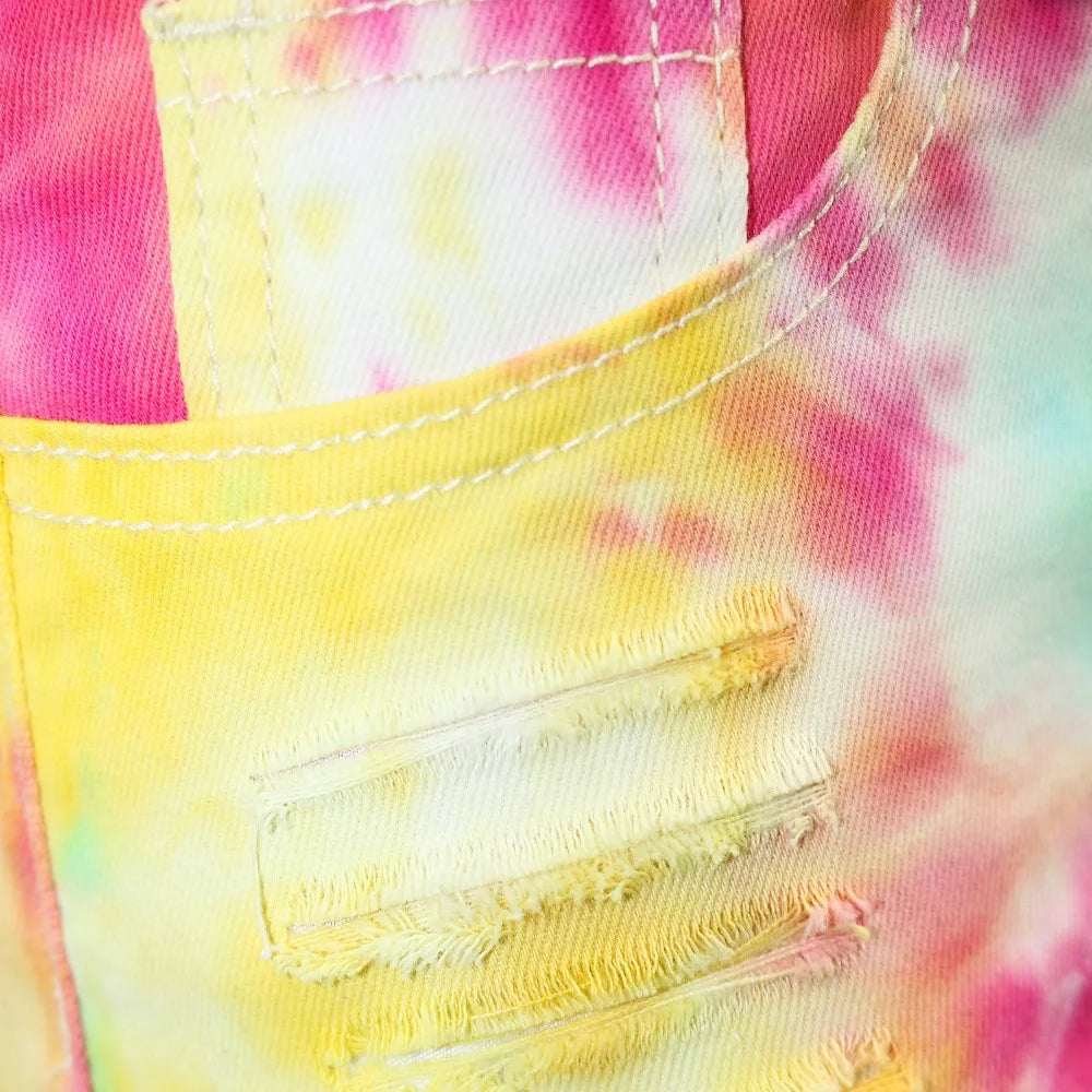 CM.YAYA-Jeans rasgado feminino com estampa Tie Dye cintura média, calça jeans curta de verão, calça da moda