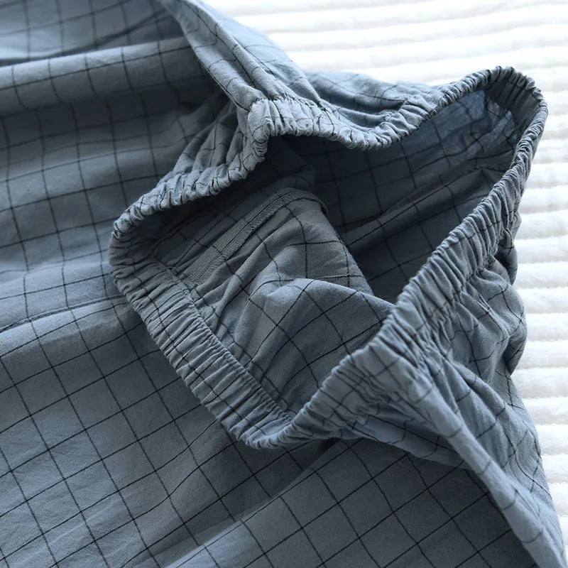 Pijama quimono xadrez e xadrez para casal, pijama de algodão lavado com decote em v, roupas de dormir de três quartos, fino para homens e mulheres, 2 peças