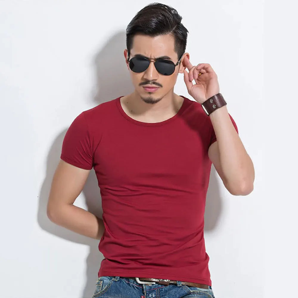 Camiseta Masculina de Manga Curta, T-Shirt O-Neck Slim em Cores Sólidas, Camiseta Masculina 2026 MRMT