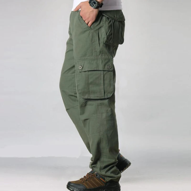 Calça casual masculina com vários bolsos, calça reta solta, outwear esportivo longo, tamanho grande 44, na moda