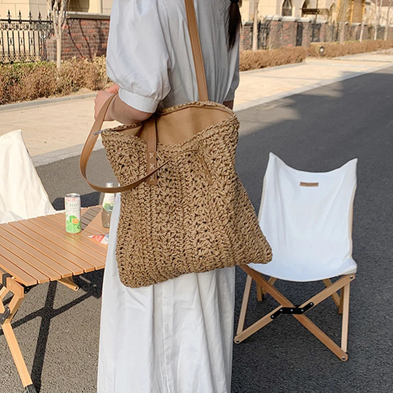 Bolsa de praia de palha oca quadrada artesanal tecido bolsa de ombro ráfia rattan compras saco de viagem boêmio férias de verão casual tote