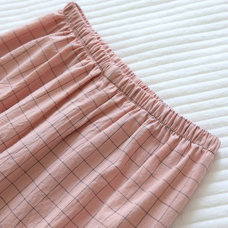 Pijama quimono xadrez e xadrez para casal, pijama de algodão lavado com decote em v, roupas de dormir de três quartos, fino para homens e mulheres, 2 peças