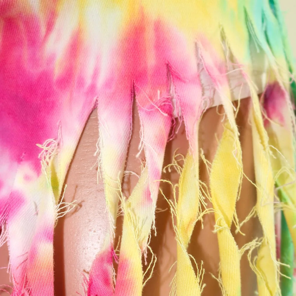 CM.YAYA-Jeans rasgado feminino com estampa Tie Dye cintura média, calça jeans curta de verão, calça da moda