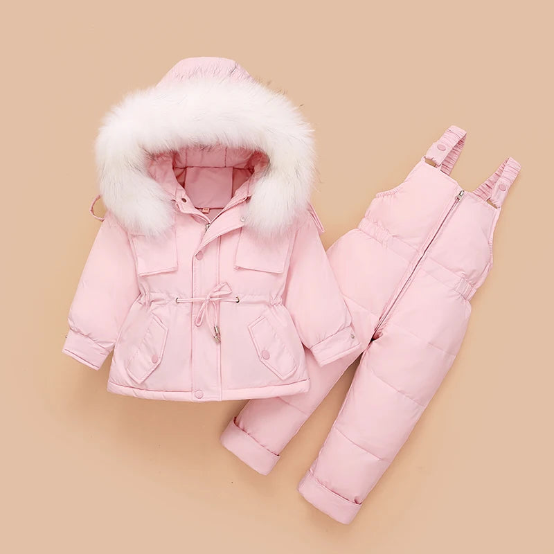 Crianças para baixo casaco jaqueta + macacão crianças da criança menina menino roupas para baixo 2 pçs roupa de inverno terno quente do bebê macacão conjuntos
