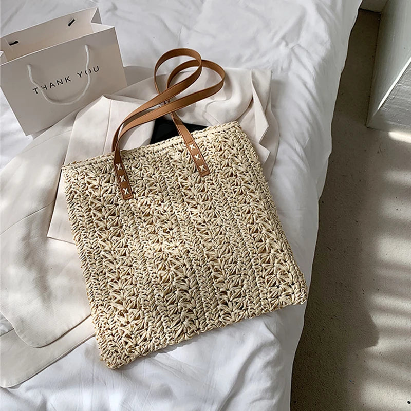 Bolsa de praia de palha oca quadrada artesanal tecido bolsa de ombro ráfia rattan compras saco de viagem boêmio férias de verão casual tote