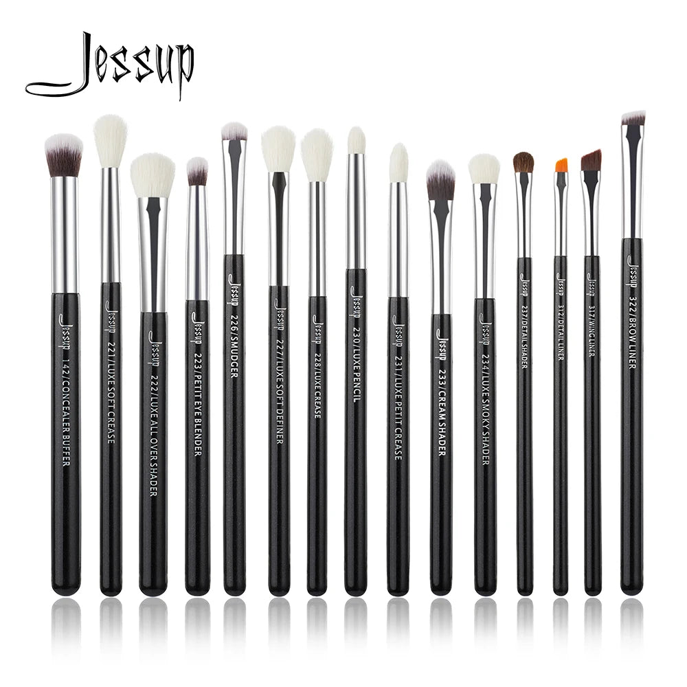 Jessup-profissional pincéis de maquiagem conjunto, 15pcs, pérola, branco, prata, kit de ferramentas, delineador, shader, cabelo sintético natural