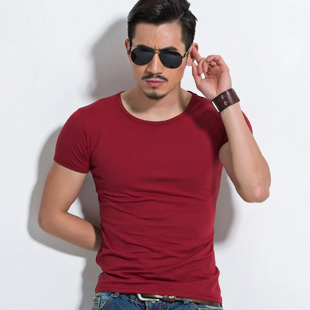 Camiseta Masculina de Manga Curta, T-Shirt O-Neck Slim em Cores Sólidas, Camiseta Masculina 2026 MRMT