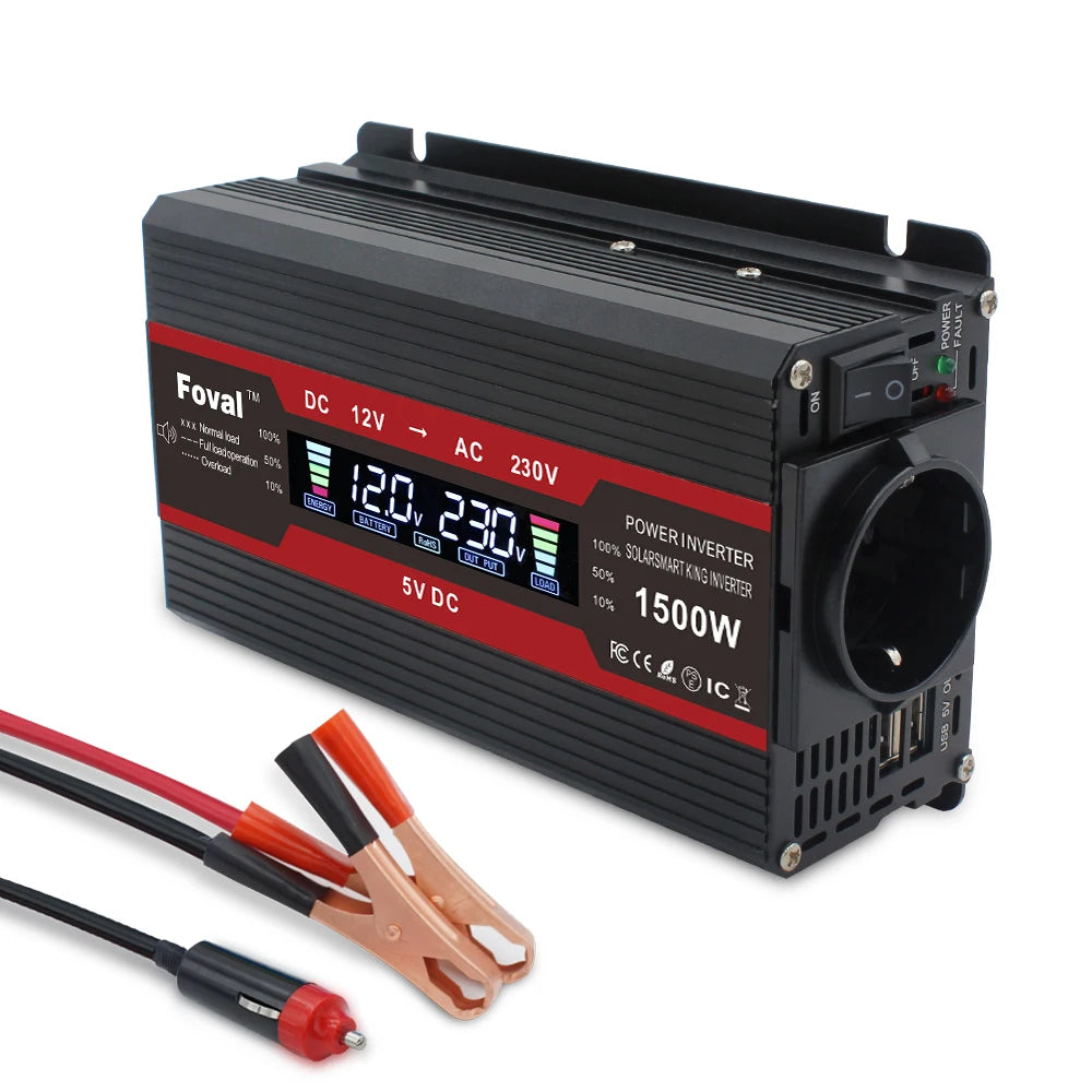 Inversor de energia solor com display lcd, dc 12v/24v para ac 220v 230v 1500w/2000w/2600w, conversor de tensão preto, soquete ue, acessórios automotivos