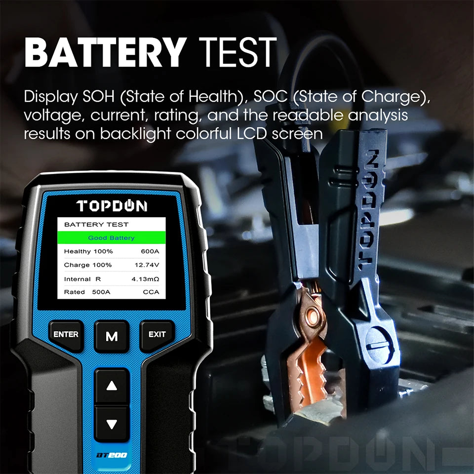 Topdon bt200 testador de bateria portátil ferramentas de teste de partida de carregamento para carro 12v monitor de bateria de diagnóstico automotivo 100-2000cca