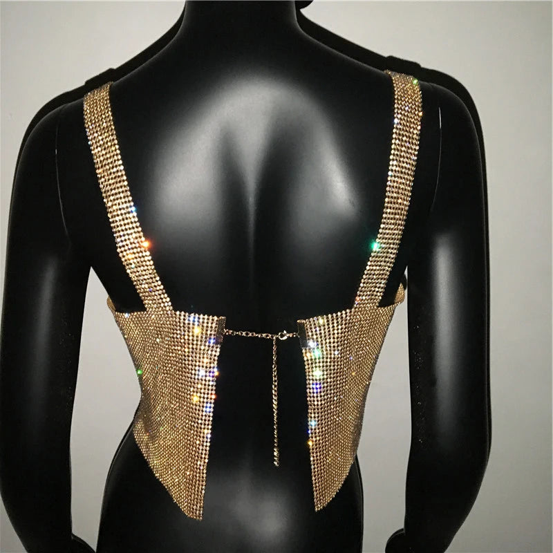 2025 glitter boate sem costas strass regata feminina sexy metal cristal diamantes lantejoulas noite clube festa wear topo de colheita