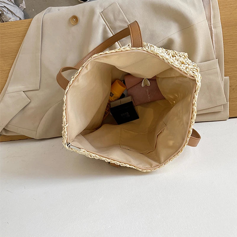 Bolsa de praia de palha oca quadrada artesanal tecido bolsa de ombro ráfia rattan compras saco de viagem boêmio férias de verão casual tote