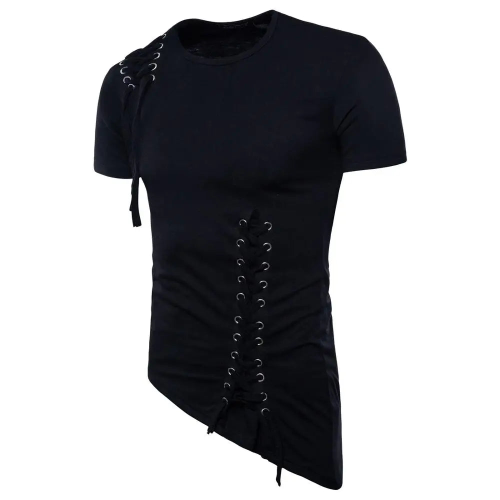 Homens design irregular hip hop punk t camisa topos laço fino ajuste camisetas masculinas estilo gótico camisetas boate palco traje