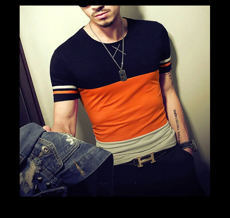 Moda verão masculina t camisa casual retalhos manga curta t camisa roupas masculinas tendência casual fino ajuste hip-hop topo t 5xl