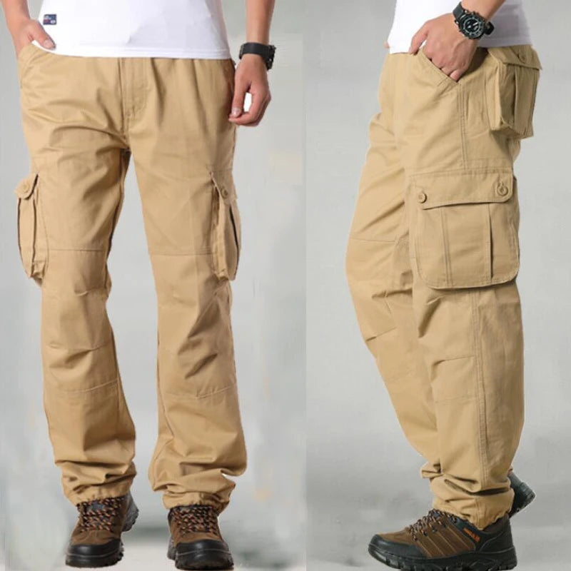 Calça casual masculina com vários bolsos, calça reta solta, outwear esportivo longo, tamanho grande 44, na moda