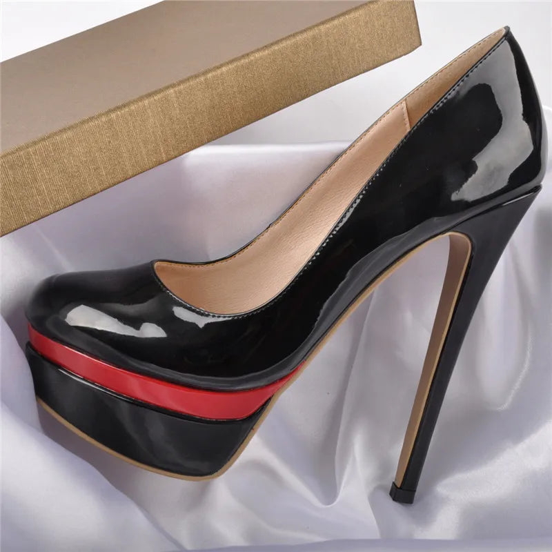 Onlymaker feminino dedo do pé redondo plataforma dupla bombas super salto alto deslizamento em sapatos de festa de casamento stiletto saltos tamanhos grandes
