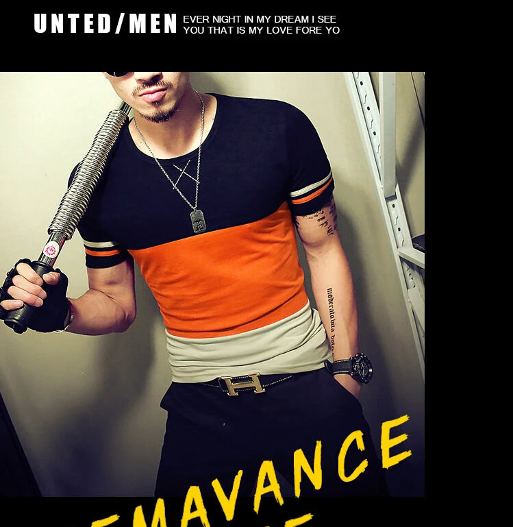 Moda verão masculina t camisa casual retalhos manga curta t camisa roupas masculinas tendência casual fino ajuste hip-hop topo t 5xl