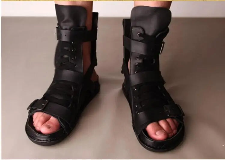Tuziblobo sandálias masculinas de couro legítimo, roma, sapatos preto, sandálias gladiador, high-top, chinelos de verão para homens