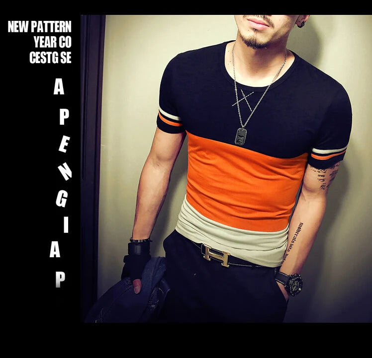 Moda verão masculina t camisa casual retalhos manga curta t camisa roupas masculinas tendência casual fino ajuste hip-hop topo t 5xl