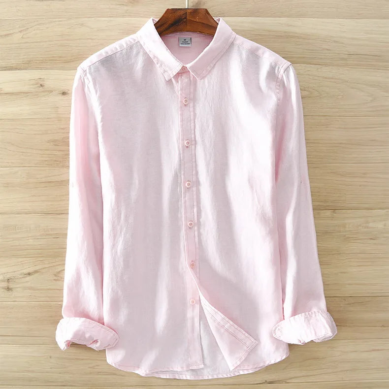 Novo designer itália estilo 100% linho camisa de manga comprida masculina marca casual 5 cores camisas brancas sólidas para homens topo chemise