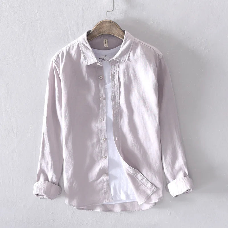 Novo designer itália estilo 100% linho camisa de manga comprida masculina marca casual 5 cores camisas brancas sólidas para homens topo chemise