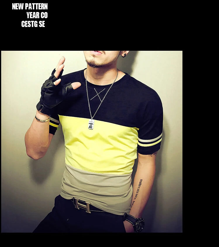 Moda verão masculina t camisa casual retalhos manga curta t camisa roupas masculinas tendência casual fino ajuste hip-hop topo t 5xl