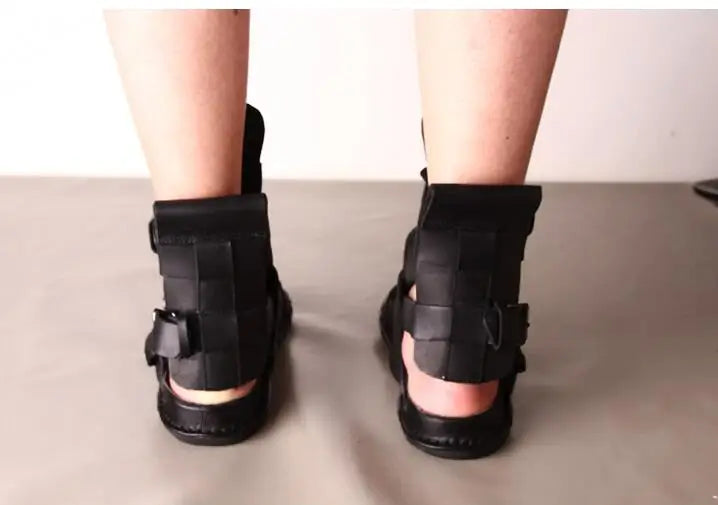 Tuziblobo sandálias masculinas de couro legítimo, roma, sapatos preto, sandálias gladiador, high-top, chinelos de verão para homens