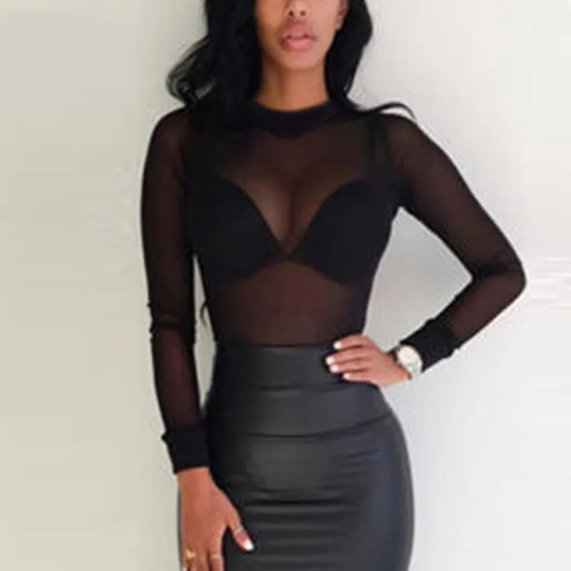 Camiseta feminina sexy ver através de malha transparente topos manga longa pura magro senhoras gola alta camiseta