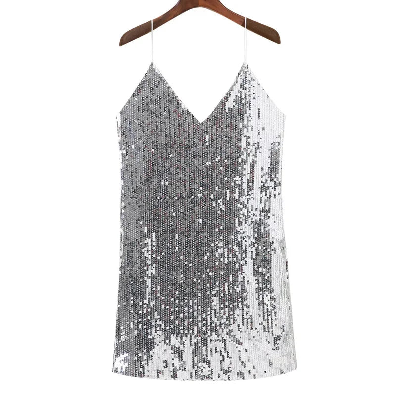 Vestido feminino de outono com lantejoulas, vestido sexy sem costas com gola em v profunda, mini vestido com ombro de fora, vestidos de festa de natal para clube