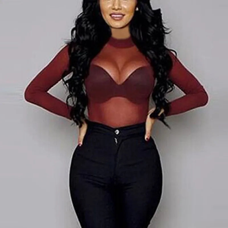 Camiseta feminina sexy ver através de malha transparente topos manga longa pura magro senhoras gola alta camiseta