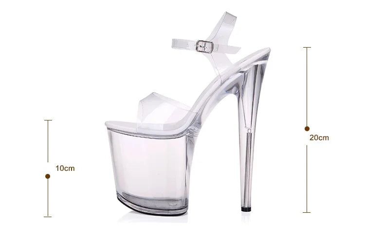 Sandálias de dança de tubo de aço feminino qualidade salto ultra-alto 9-20cm transparente cristal senhora sapatos modelo passarela grande quintal