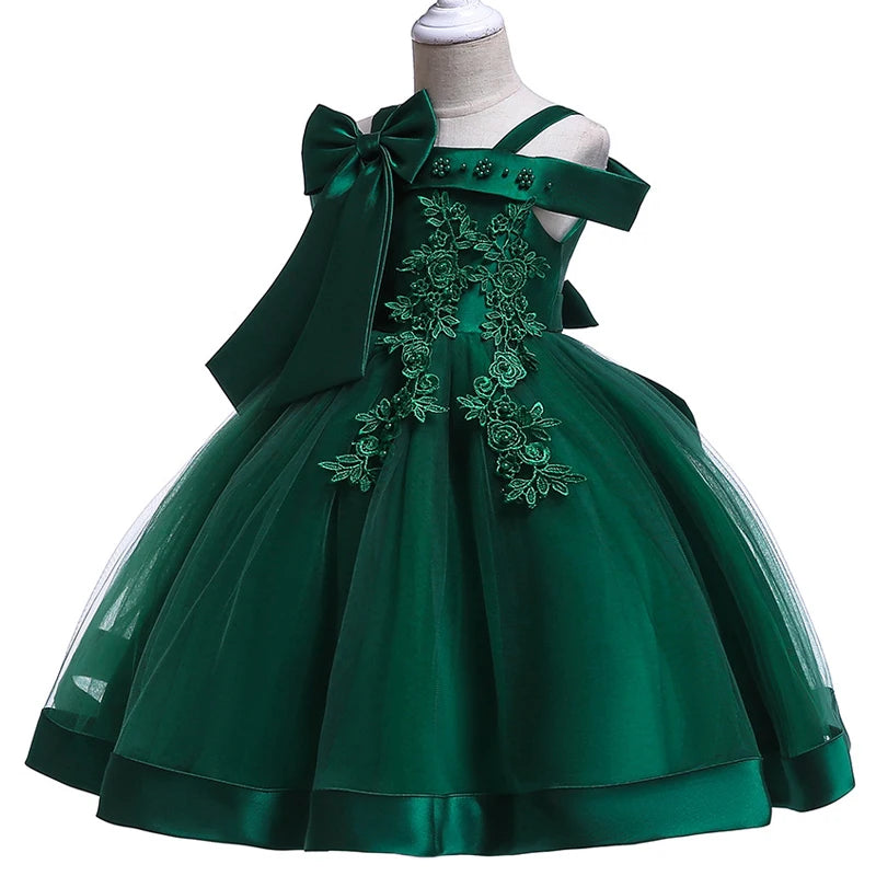Apliques Femininos Flor Elegante Vestido de Noiva com Laço, Vestidos de Festa de Natal Infantil, 3 a 10 anos