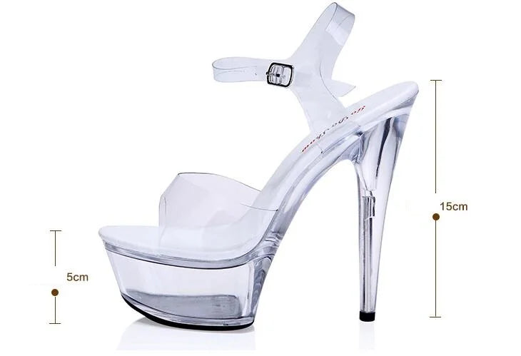 Sandálias de dança de tubo de aço feminino qualidade salto ultra-alto 9-20cm transparente cristal senhora sapatos modelo passarela grande quintal