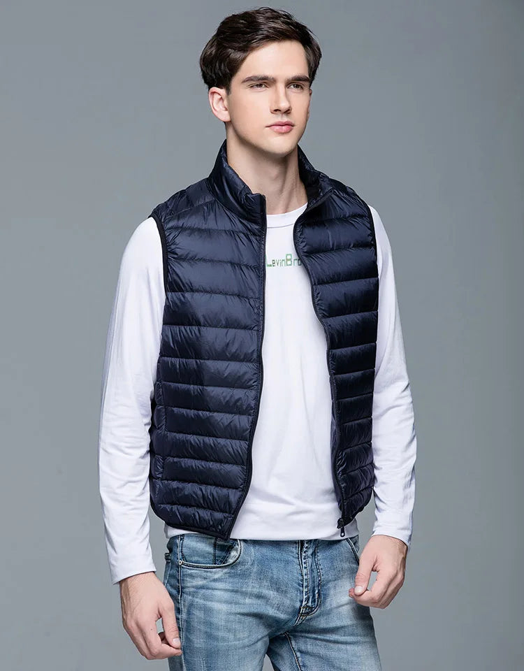 Colete de pato masculino, casacos ultra leves, casacos sem mangas, moda masculina, primavera e outono, 90% Duck Down