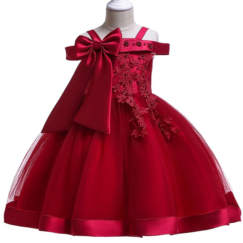 Apliques Femininos Flor Elegante Vestido de Noiva com Laço, Vestidos de Festa de Natal Infantil, 3 a 10 anos