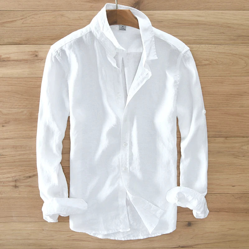 Novo designer itália estilo 100% linho camisa de manga comprida masculina marca casual 5 cores camisas brancas sólidas para homens topo chemise