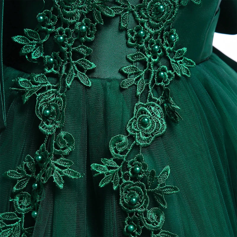 Apliques Femininos Flor Elegante Vestido de Noiva com Laço, Vestidos de Festa de Natal Infantil, 3 a 10 anos