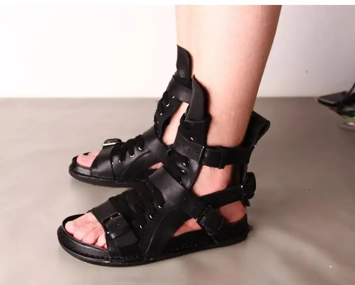 Tuziblobo sandálias masculinas de couro legítimo, roma, sapatos preto, sandálias gladiador, high-top, chinelos de verão para homens