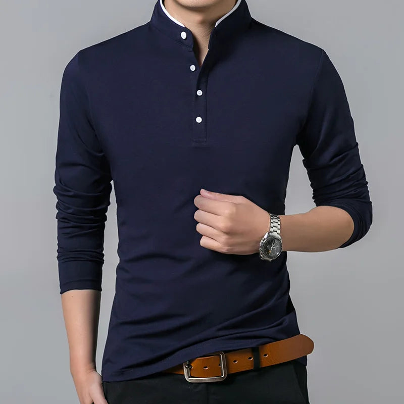 T-shirt monocromática de algodão manga completa para homens, tops longos e camisetas, gola mandarim