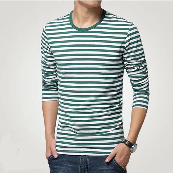 Estilo marinho camisa de manga longa masculina camiseta o pescoço listra t camisa masculina camisa marinha vintage básico 95% algodão camisa